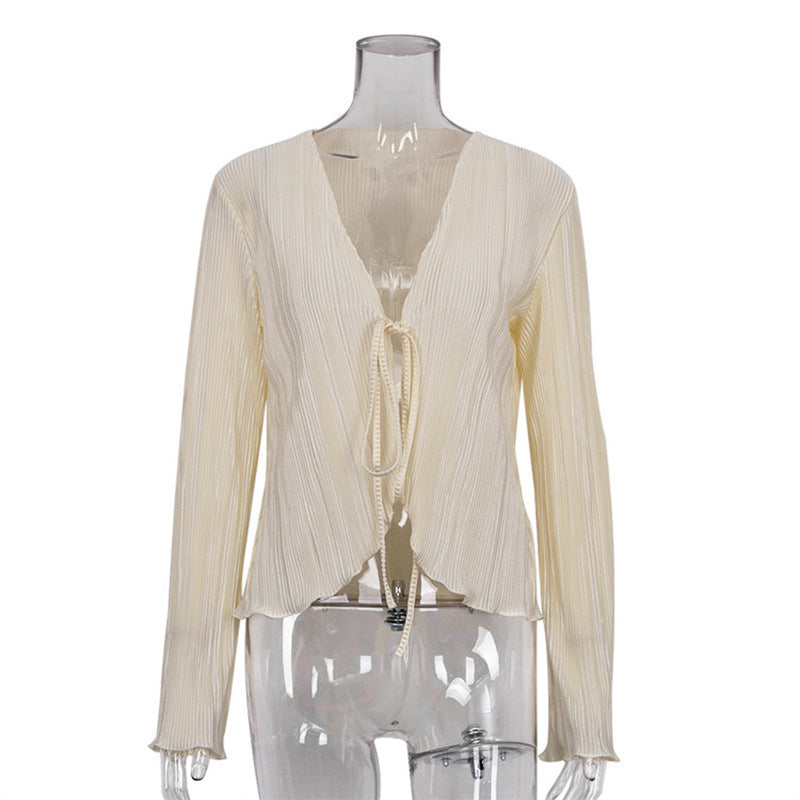 Elegante Plissee-Bluse mit Bindung | Cremeweiß