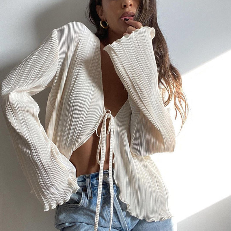 Elegante Plissee-Bluse mit Bindung | Cremeweiß