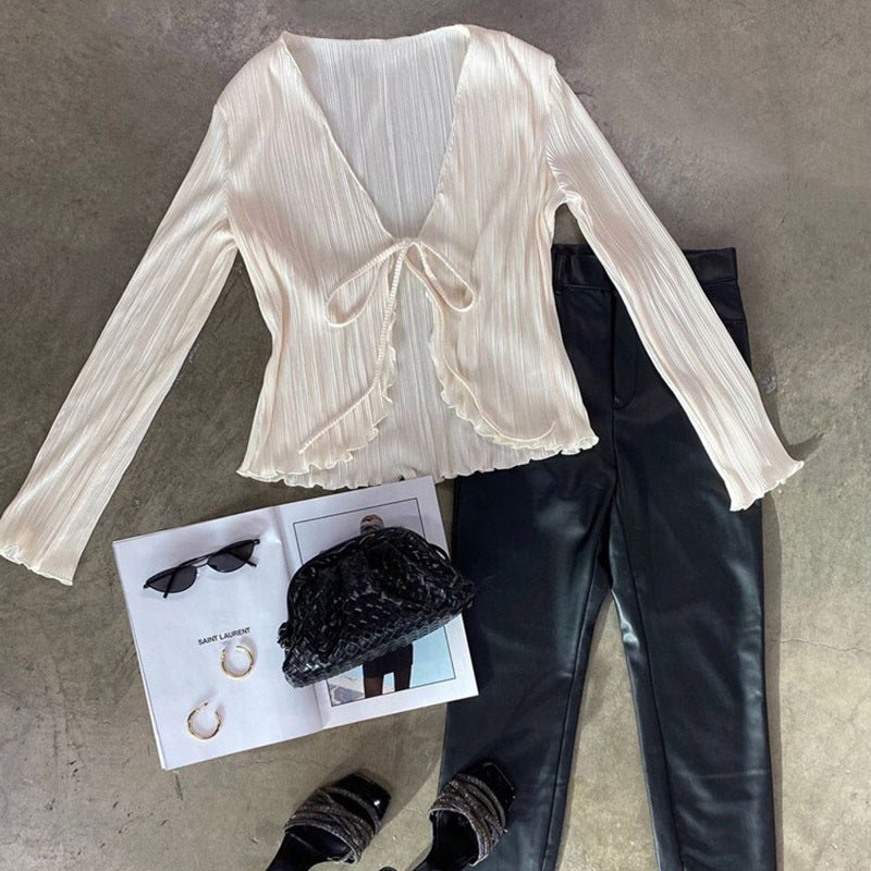 Elegante Plissee-Bluse mit Bindung | Cremeweiß